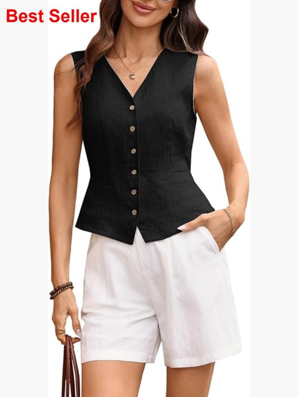 100% Linen Cropped Vest V-Neck Back Tie Waistcoat with Pocket